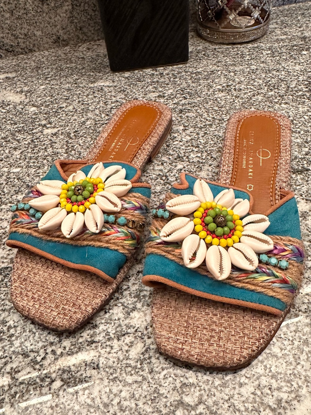 Elina Linardaki Beaded Slide Sandals EU Size 39 Woven Jute Leather Turquoise